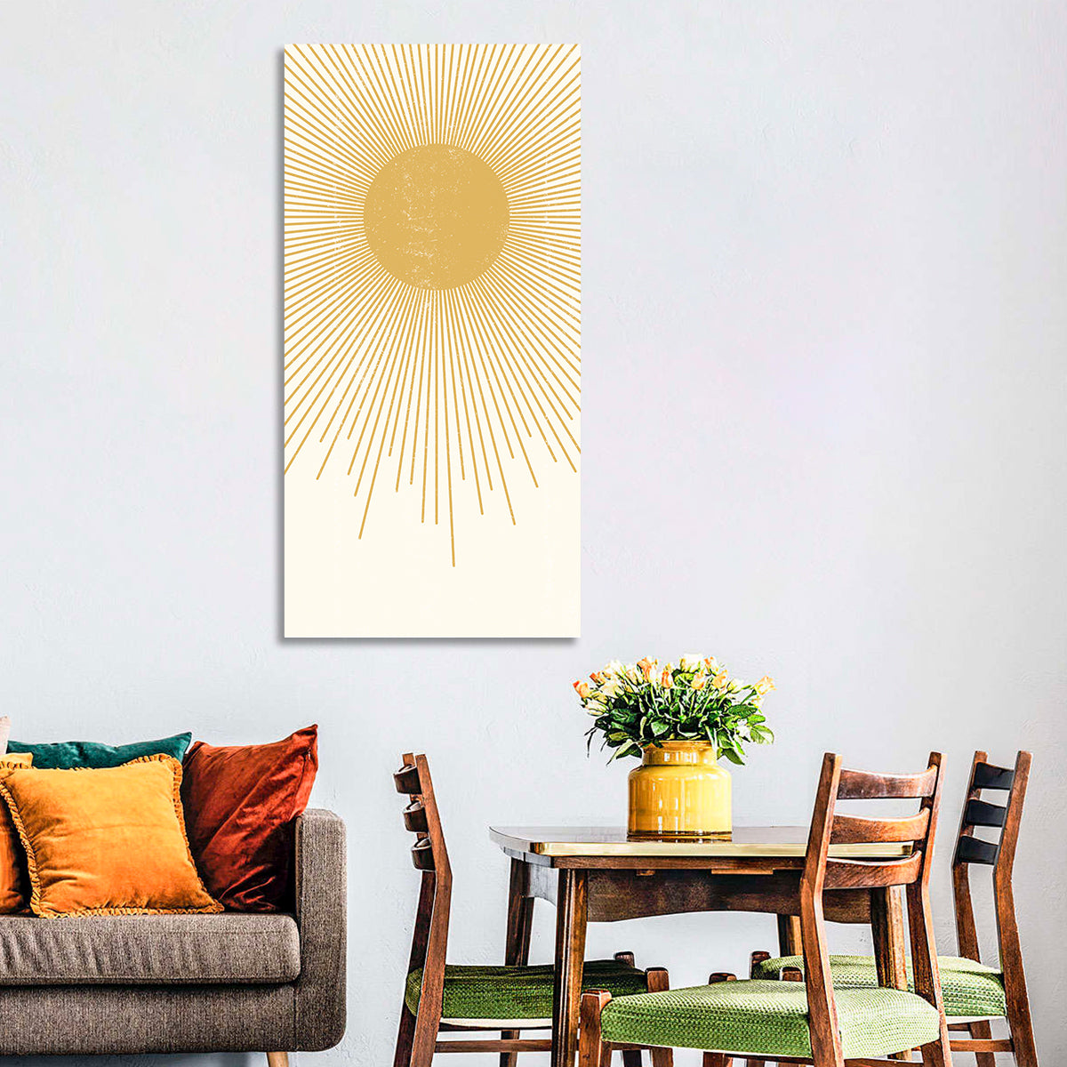 Textured Sunburst Abstract Wall Art in a room, portrait