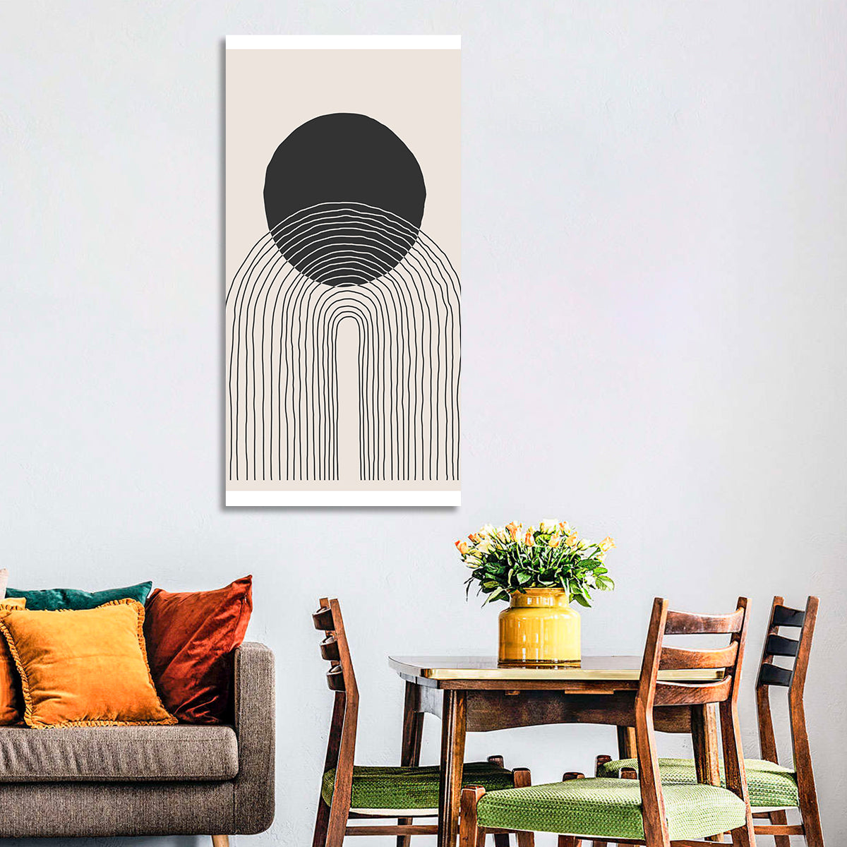 Minimalist Black Sun Wall Art in a room, portrait
