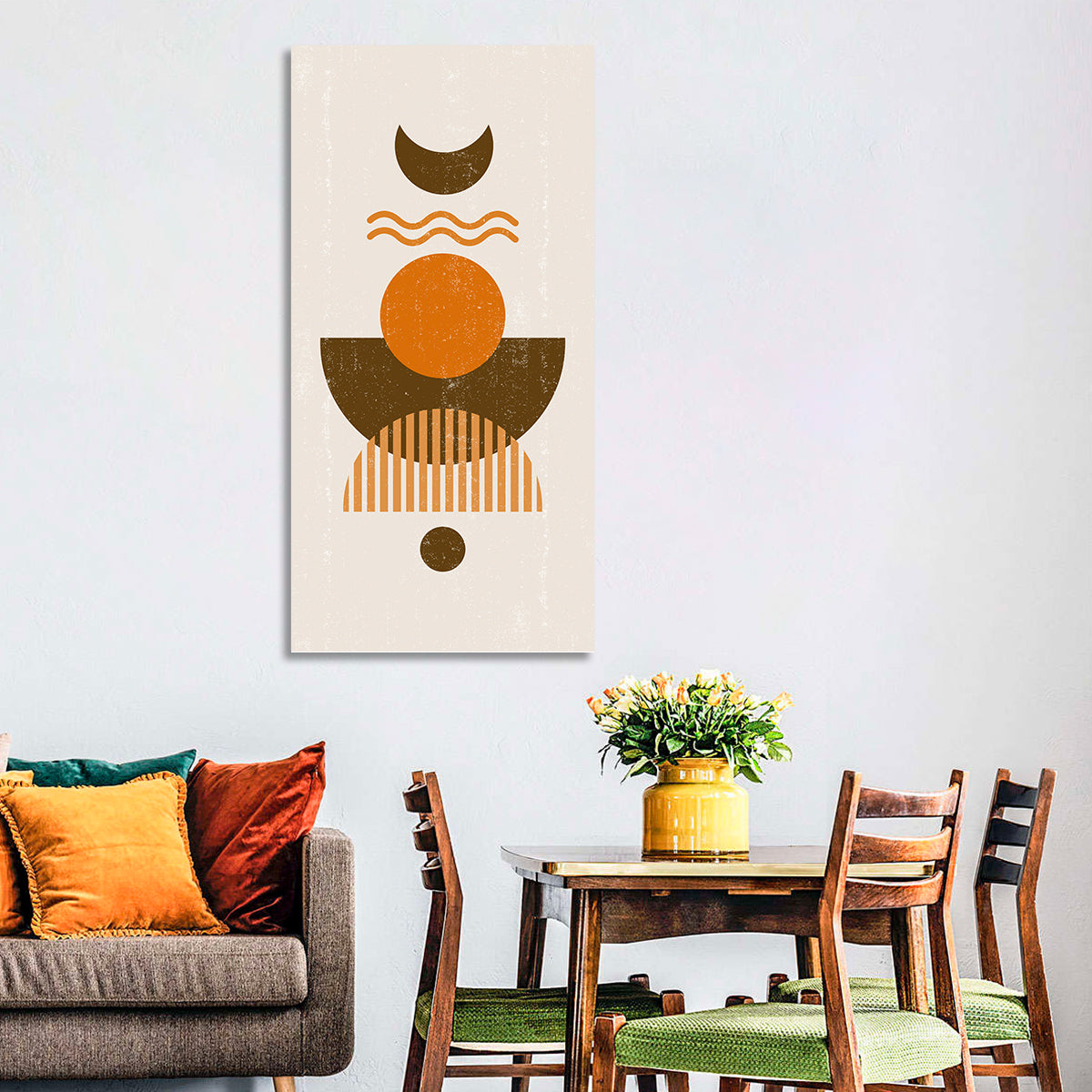 Earthy Sun and Crescent Moon Wall Art in a room, portrait