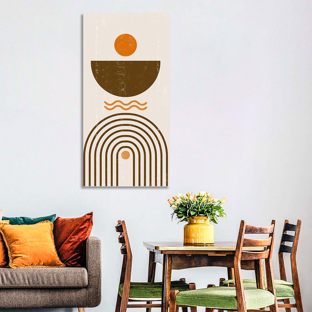 Earth Tone Rainbow Arch Wall Art in a room, portrait