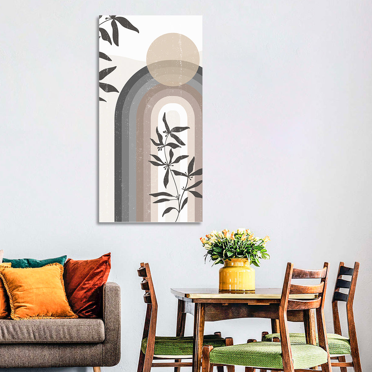 Taupe Rainbow Botanical Arch Wall Art in a room, portrait