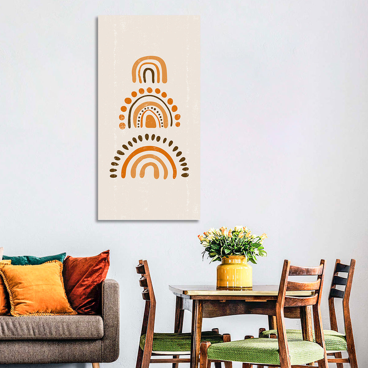 Vintage Boho Rainbow Arches Wall Art in a room, portrait