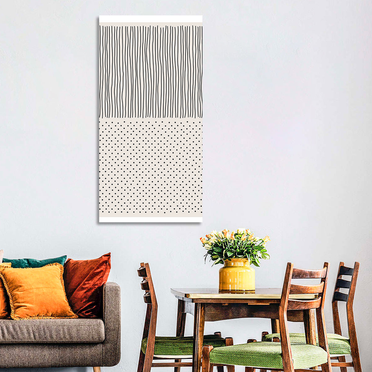 Minimalist Lines and Dots Wall Art in a room, portrait