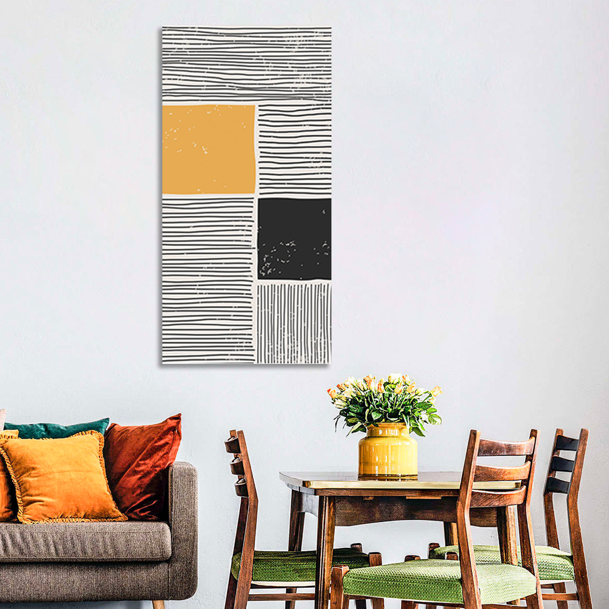 Beige and Yellow Grid Study Wall Art in a room, portrait