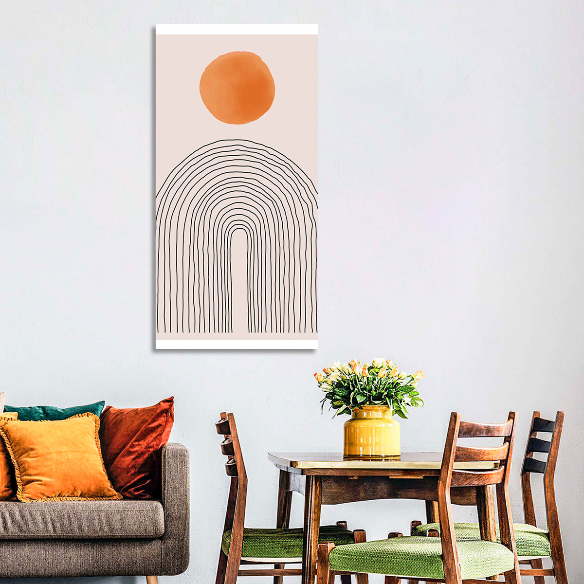 Hand-drawn Sun and Arches Wall Art in a room, portrait