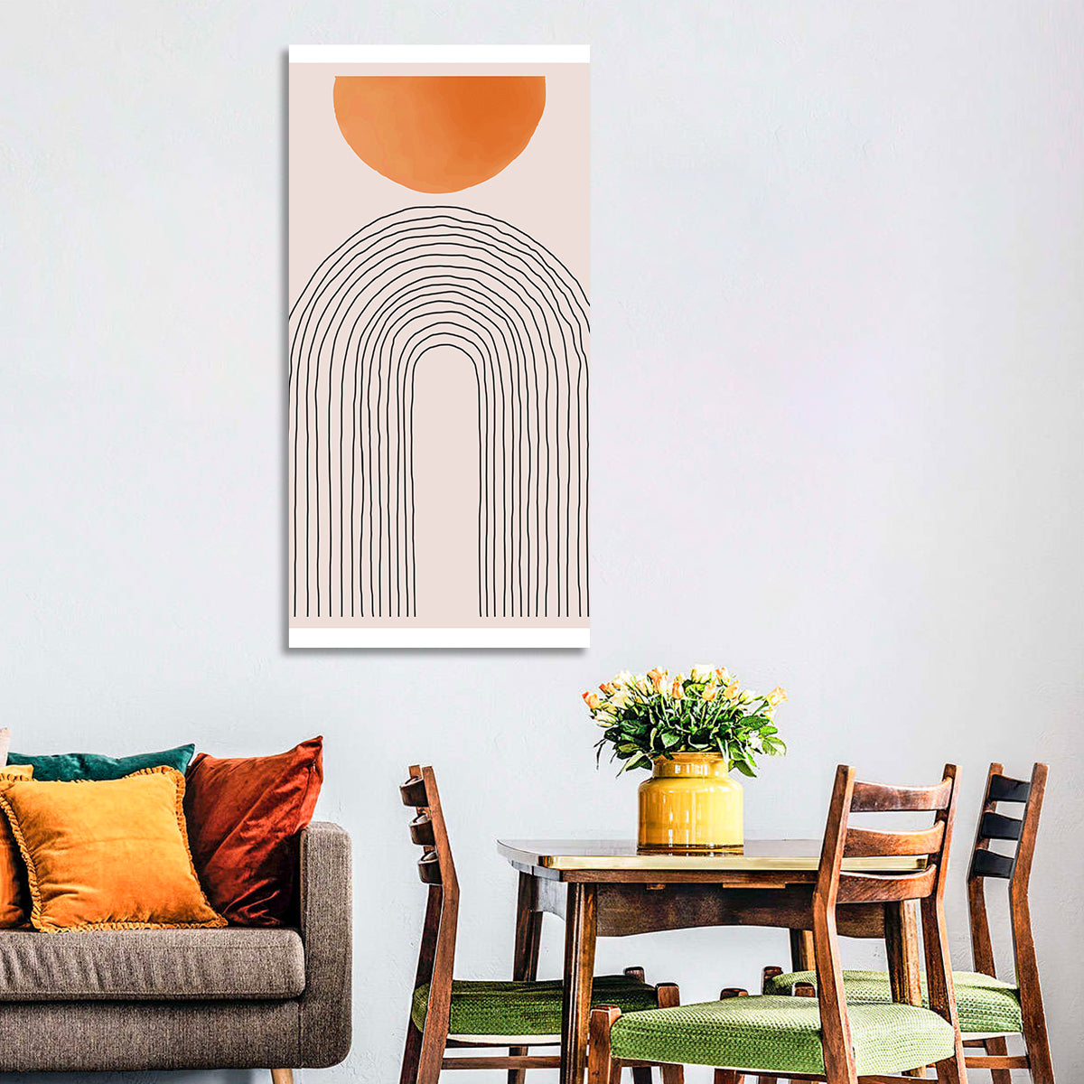 Geometric Sunset Arch Wall Art in a room, portrait