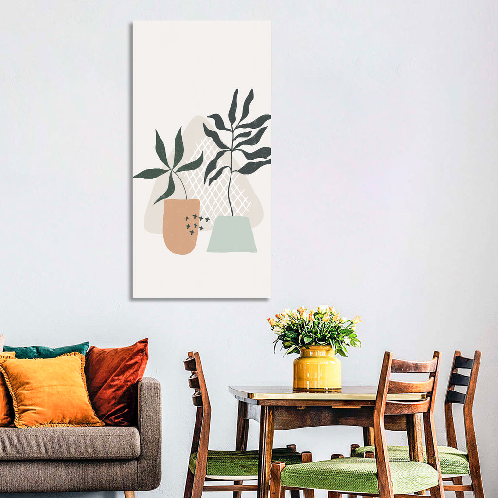 Potted Plants with Hand-drawn Grid Wall Art