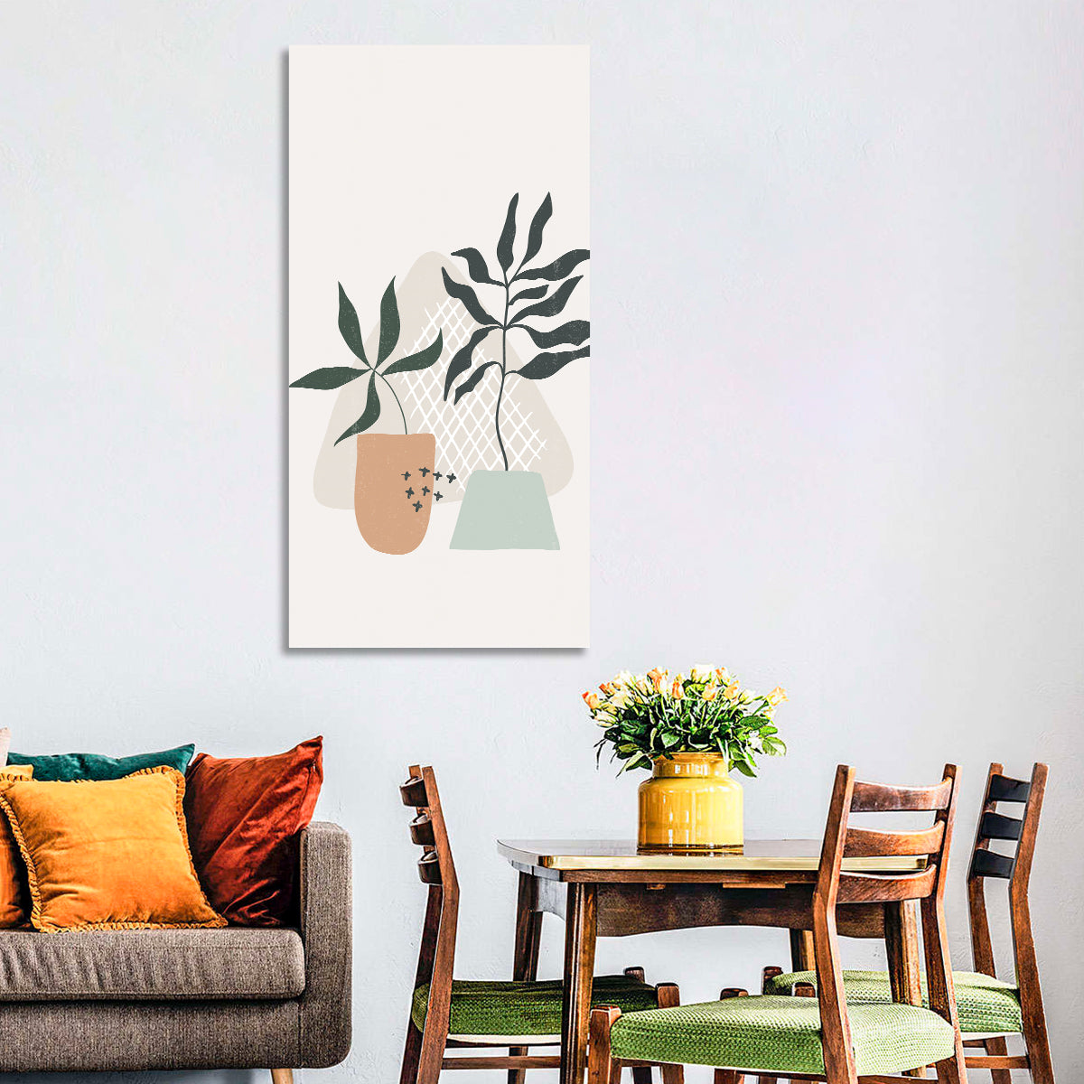 Potted Plants with Hand-drawn Grid Wall Art in a room, portrait