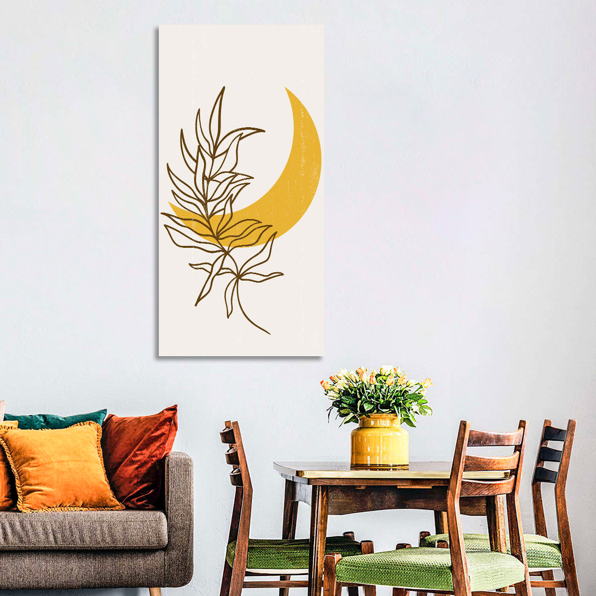 Crescent Moon Leaf Illustration Wall Art in a room, portrait