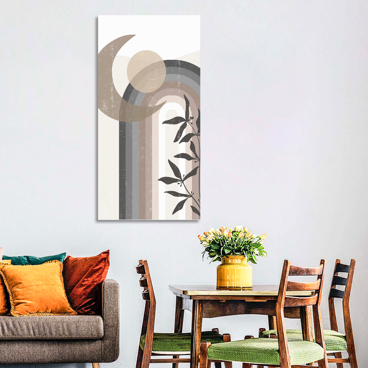 Crescent Moon Rainbow Abstract Wall Art in a room, portrait