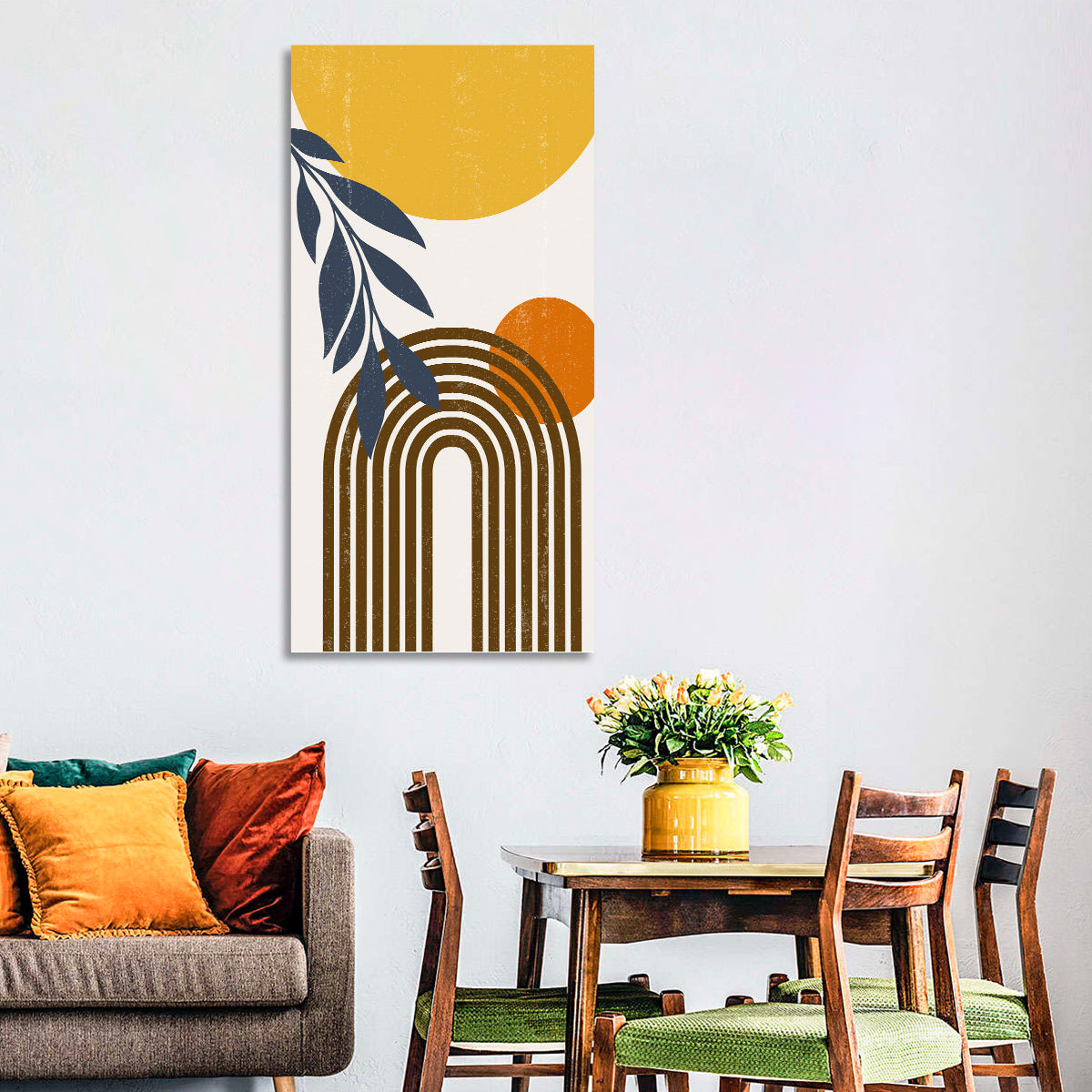Boho Sun and Moon with Leaves Wall Art in a room, portrait