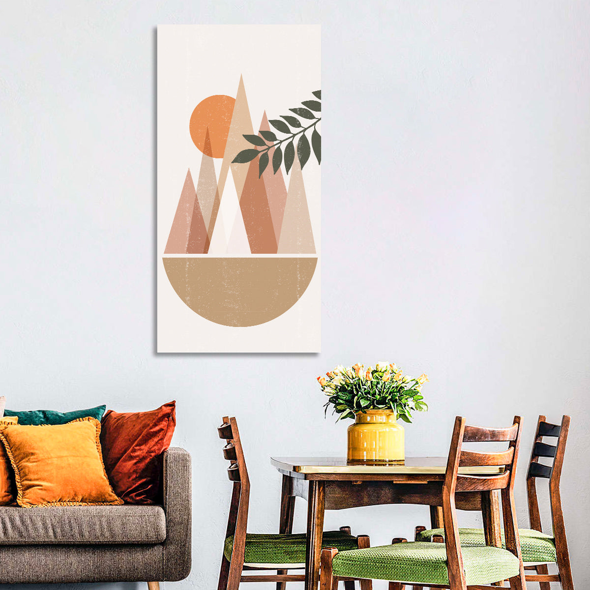Geometric Mountain Sunset Wall Art in a room, portrait