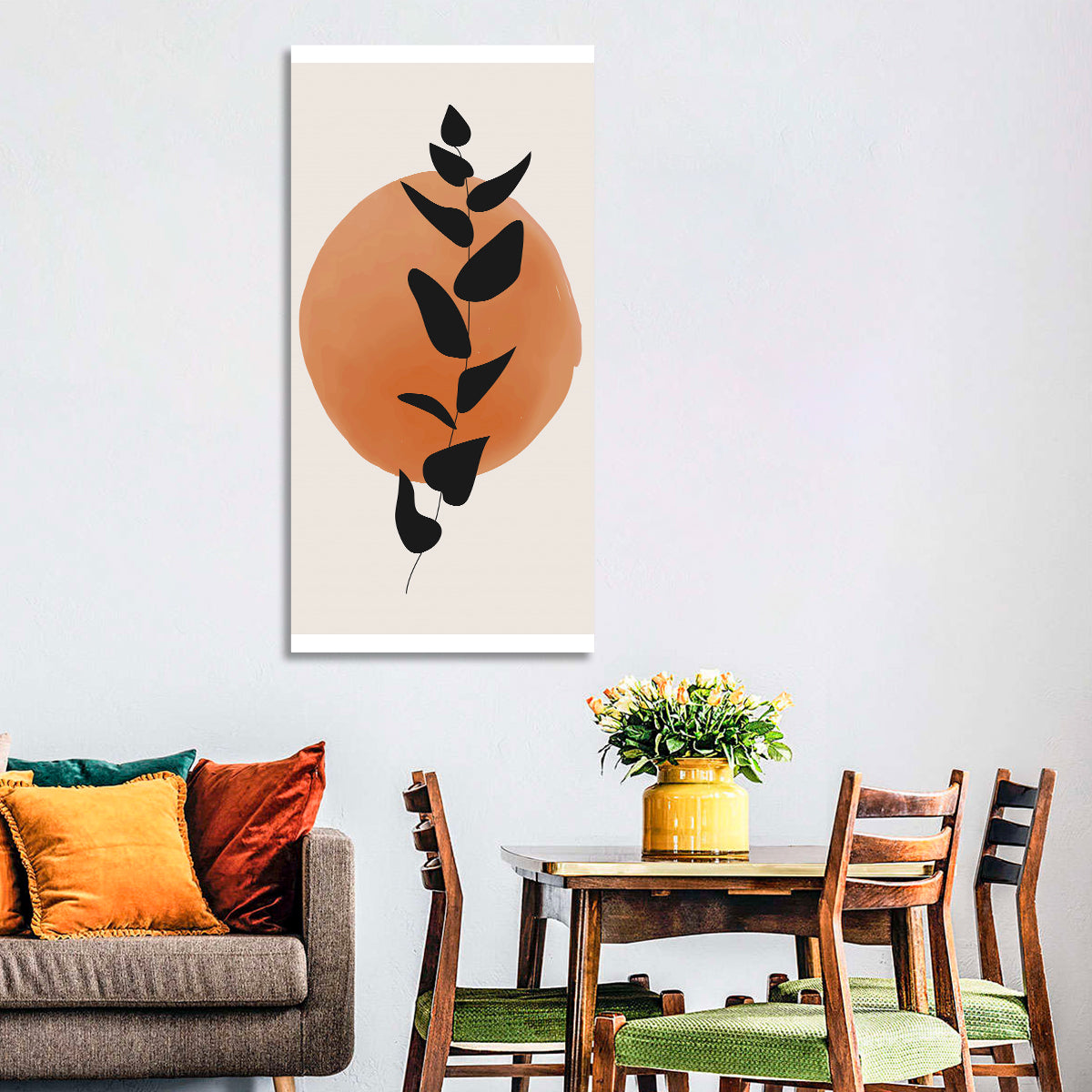 Leafy Branch with Terracotta Circle Wall Art in a room, portrait