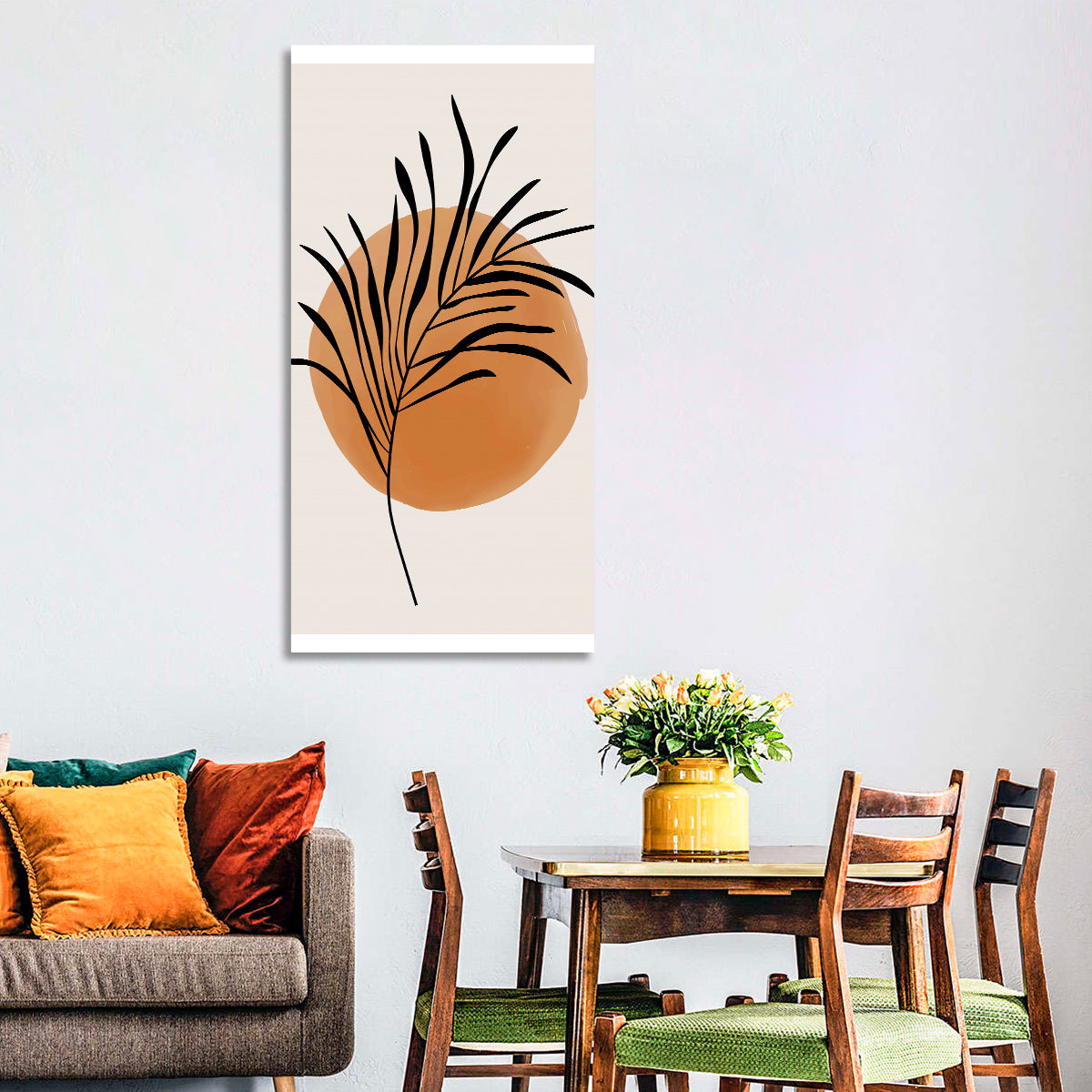 Long Palm Frond Minimalist Wall Art in a room, portrait