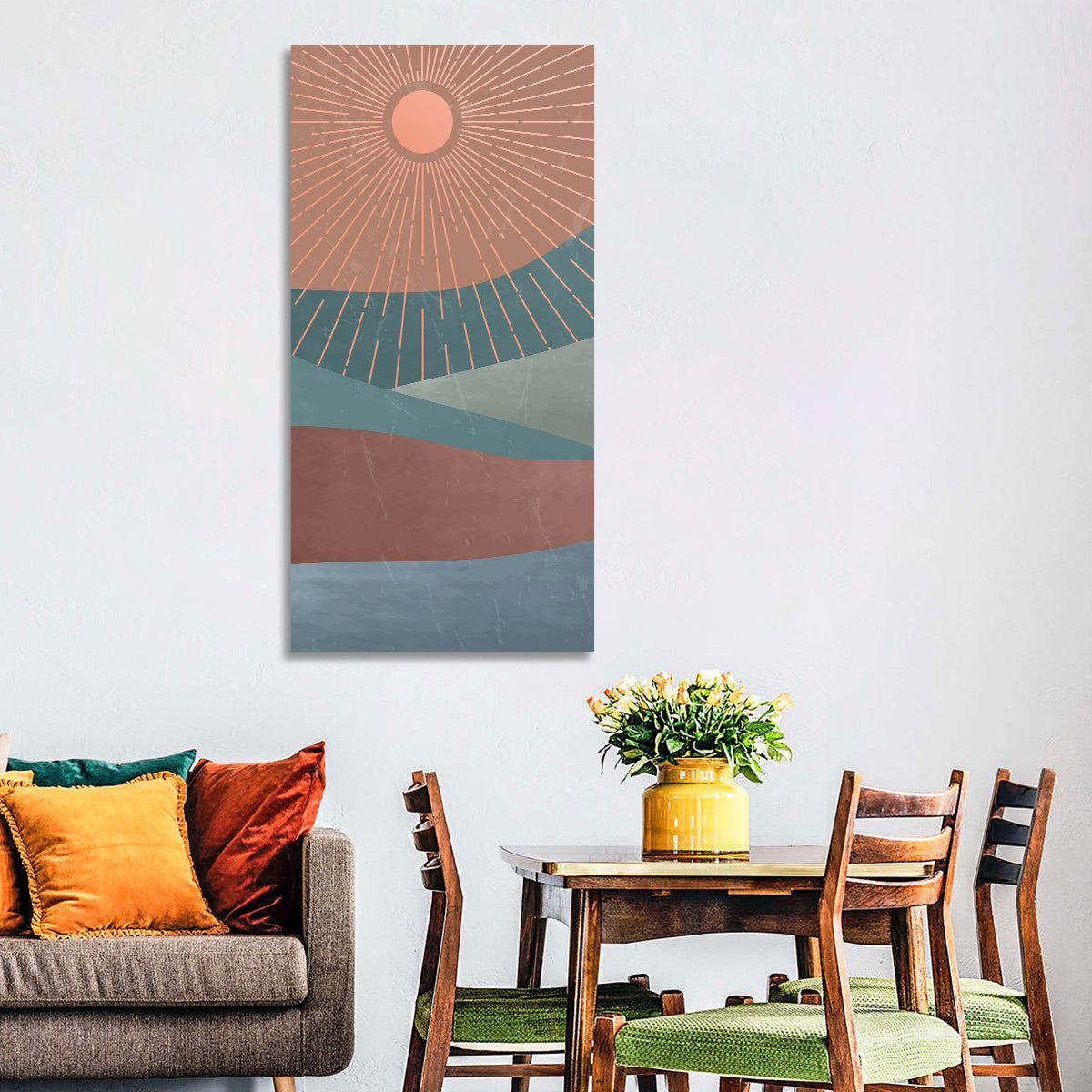 Minimalist Mountain Sunrise Wall Art in a room, portrait