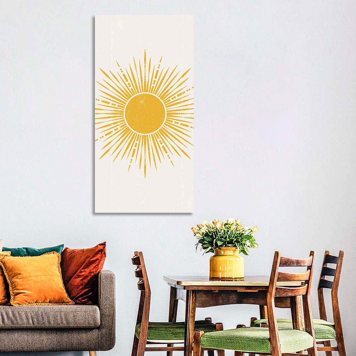 Golden Boho Sunburst Wall Art in a room, portrait