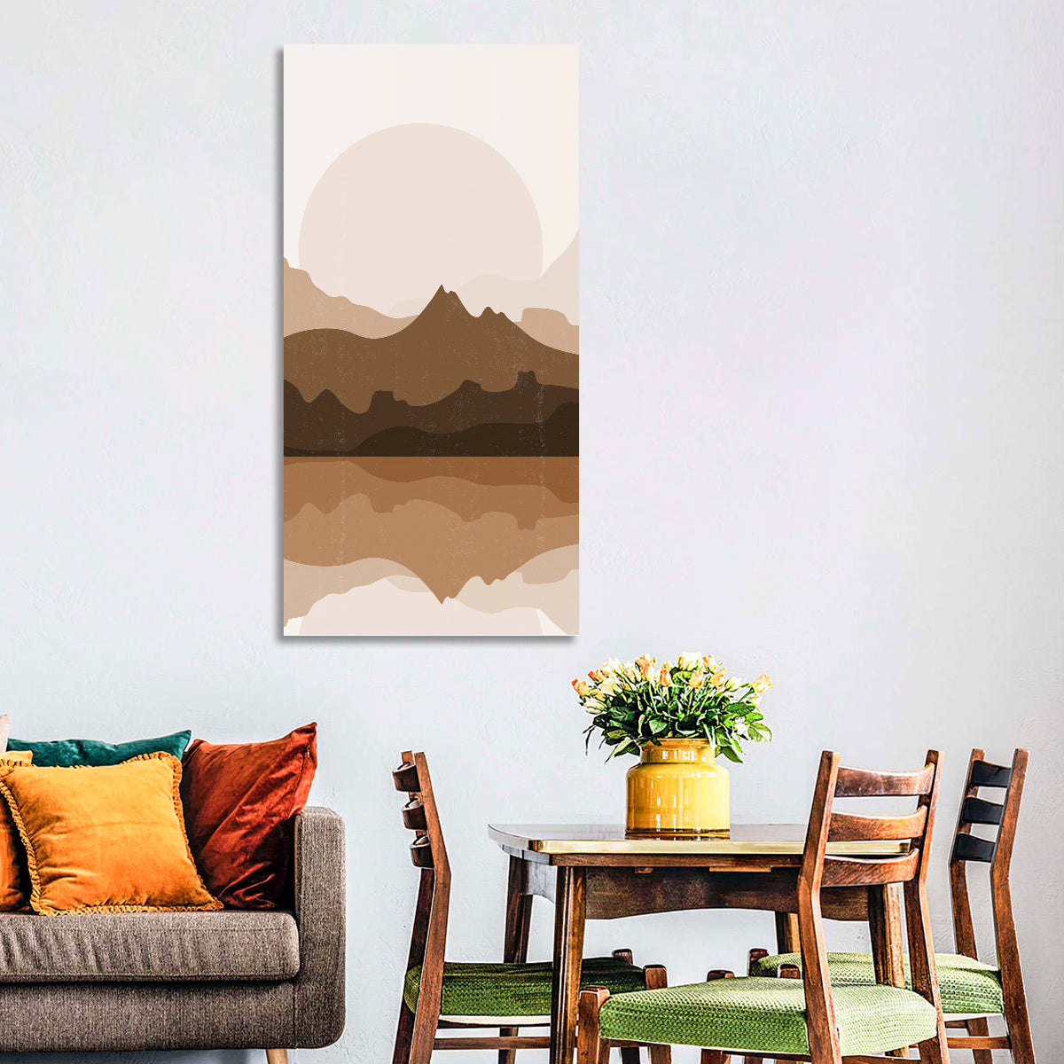 Layered Mountain Lake Sunset Wall Art in a room, portrait