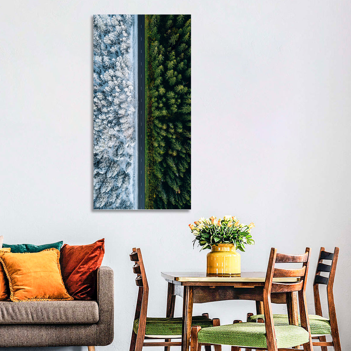 Summer and Winter Forests Wall Art in a room, portrait