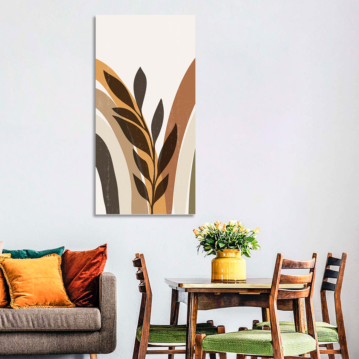 Tropical Boho Leaf Arches Wall Art in a room, portrait