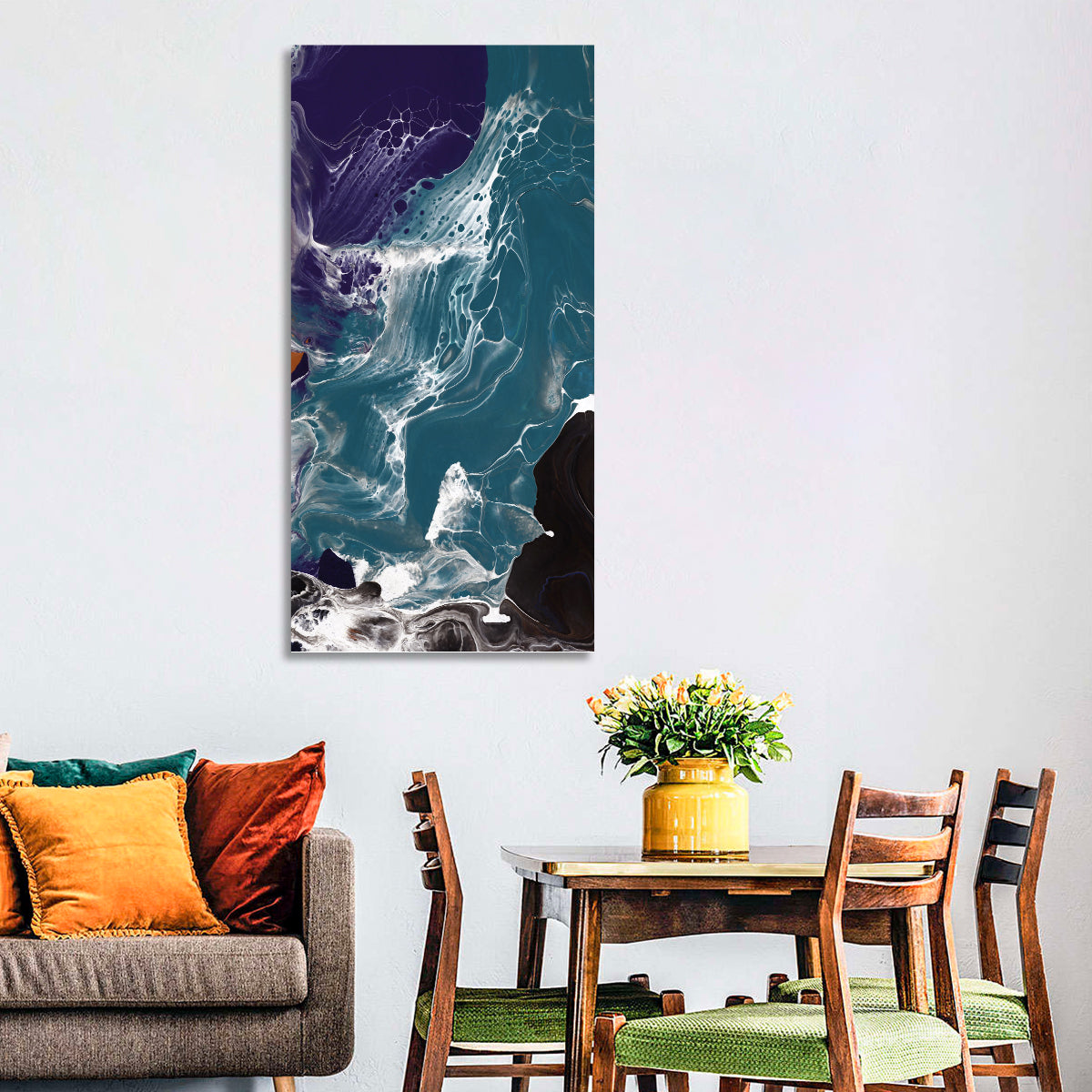 Teal and Purple Marble Texture Wall Art in a room, portrait