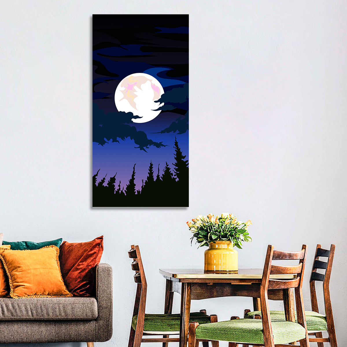 Dark Moon Over Forest Wall Art in a room, portrait