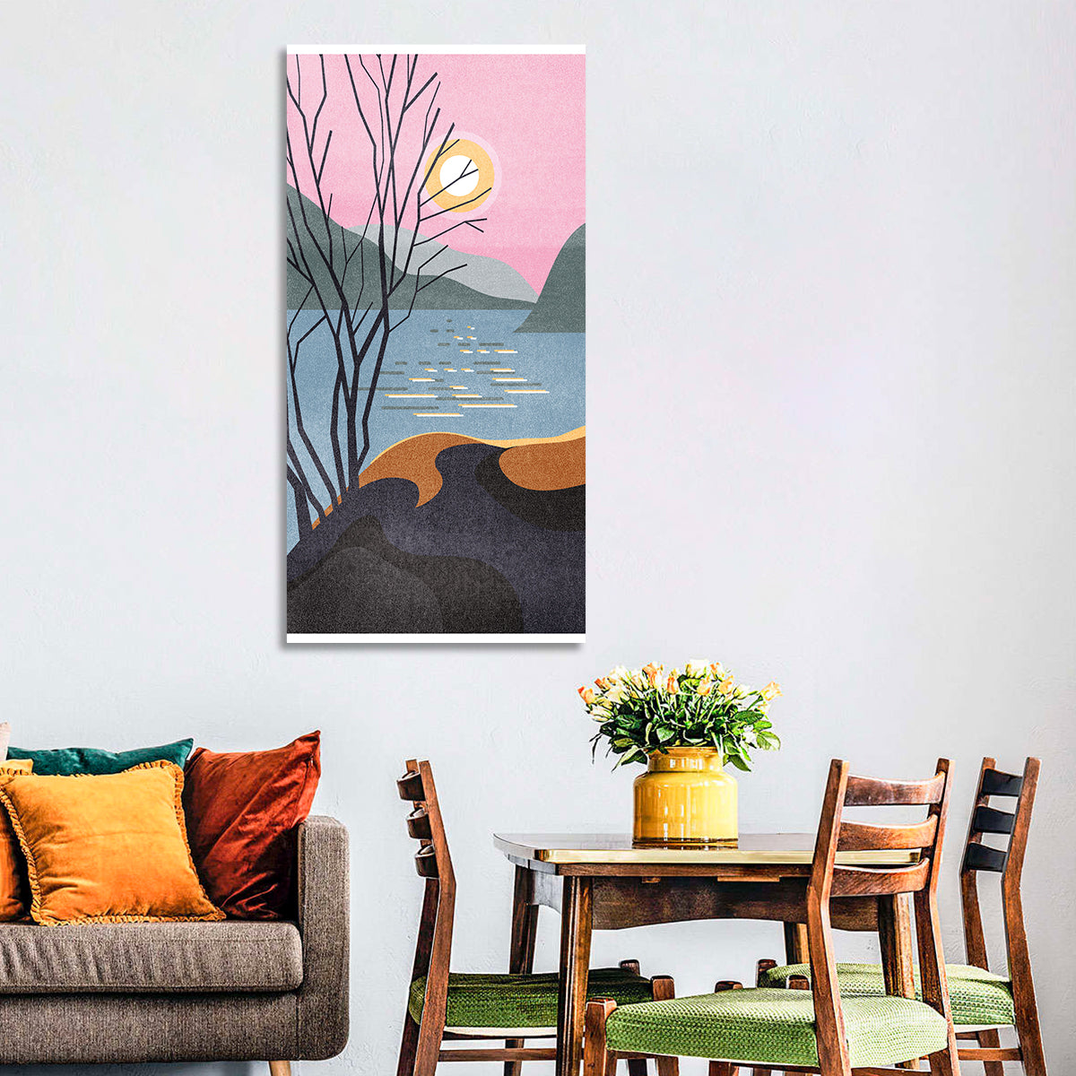 Sunset Over Lake with Bare Tree Wall Art in a room, portrait