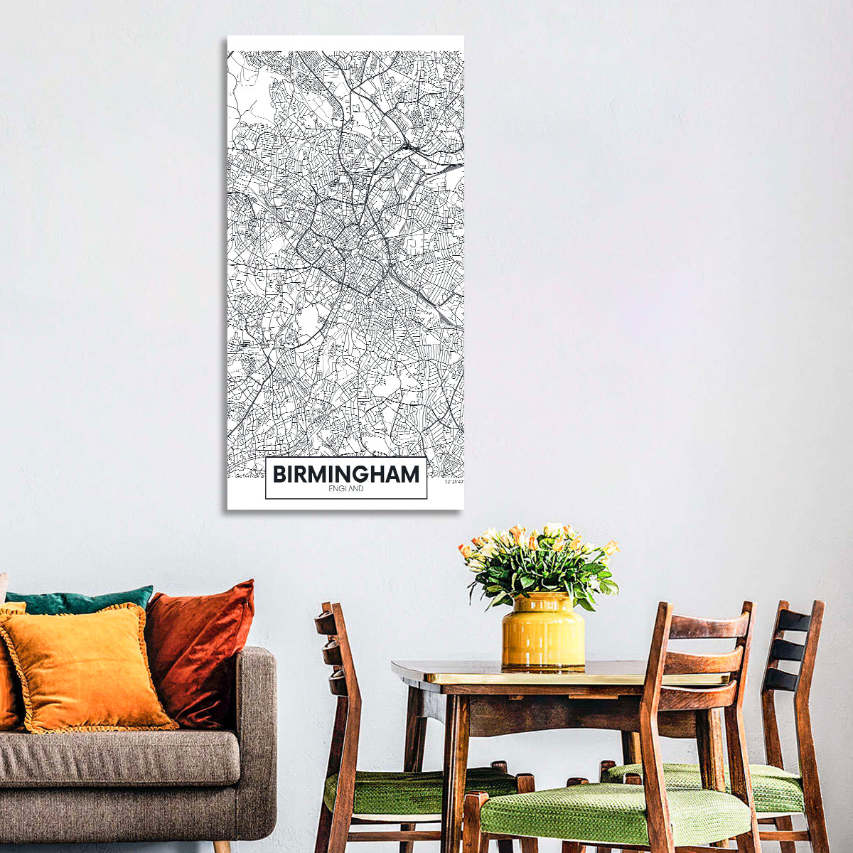 Birmingham Minimalist City Map Wall Art in a room, portrait