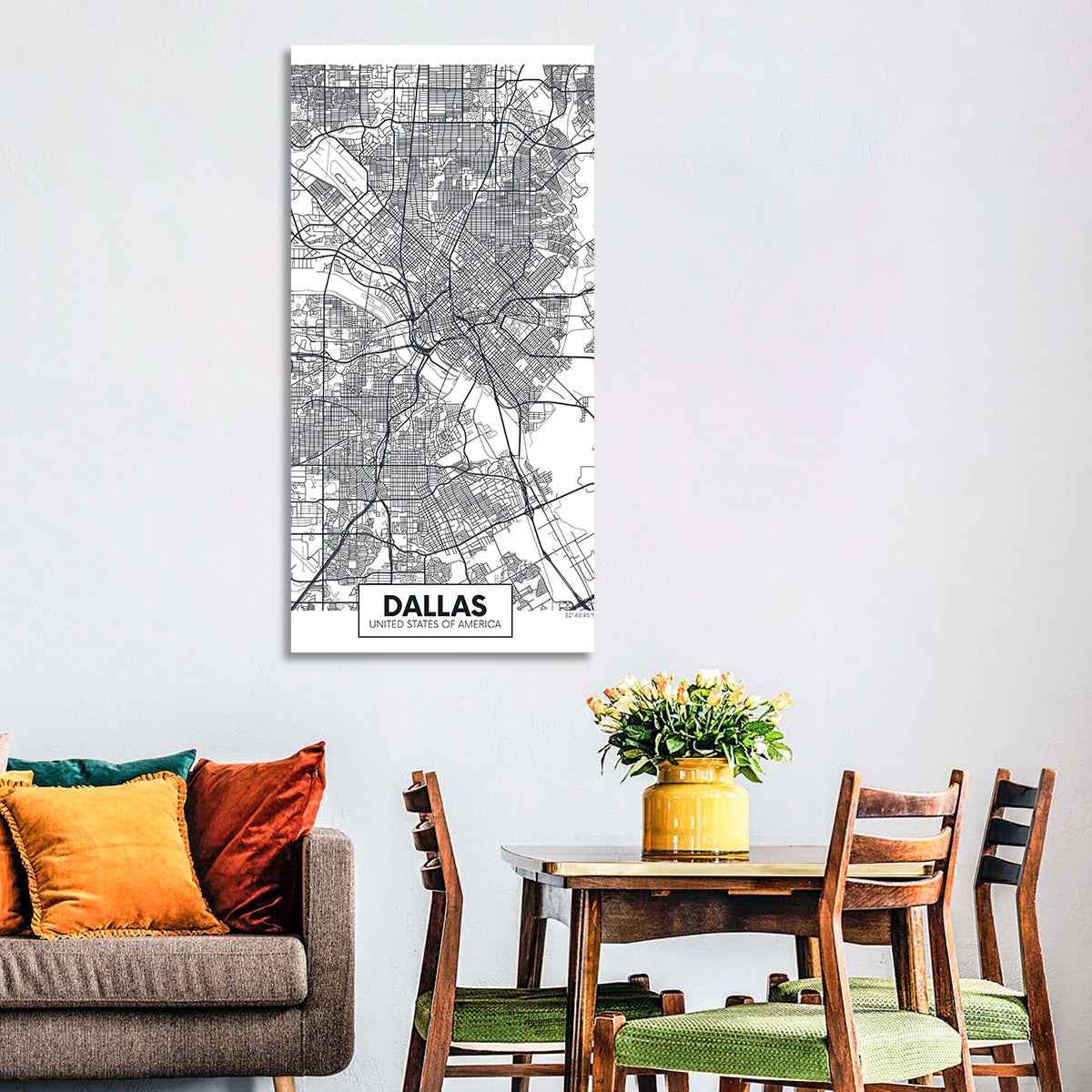 Dallas City Map with Coordinates Wall Art in a room, portrait