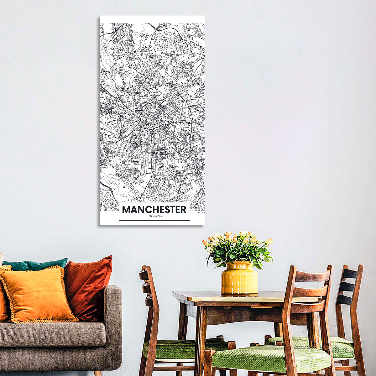 Manchester City Map, Minimalist Wall Art in a room, portrait