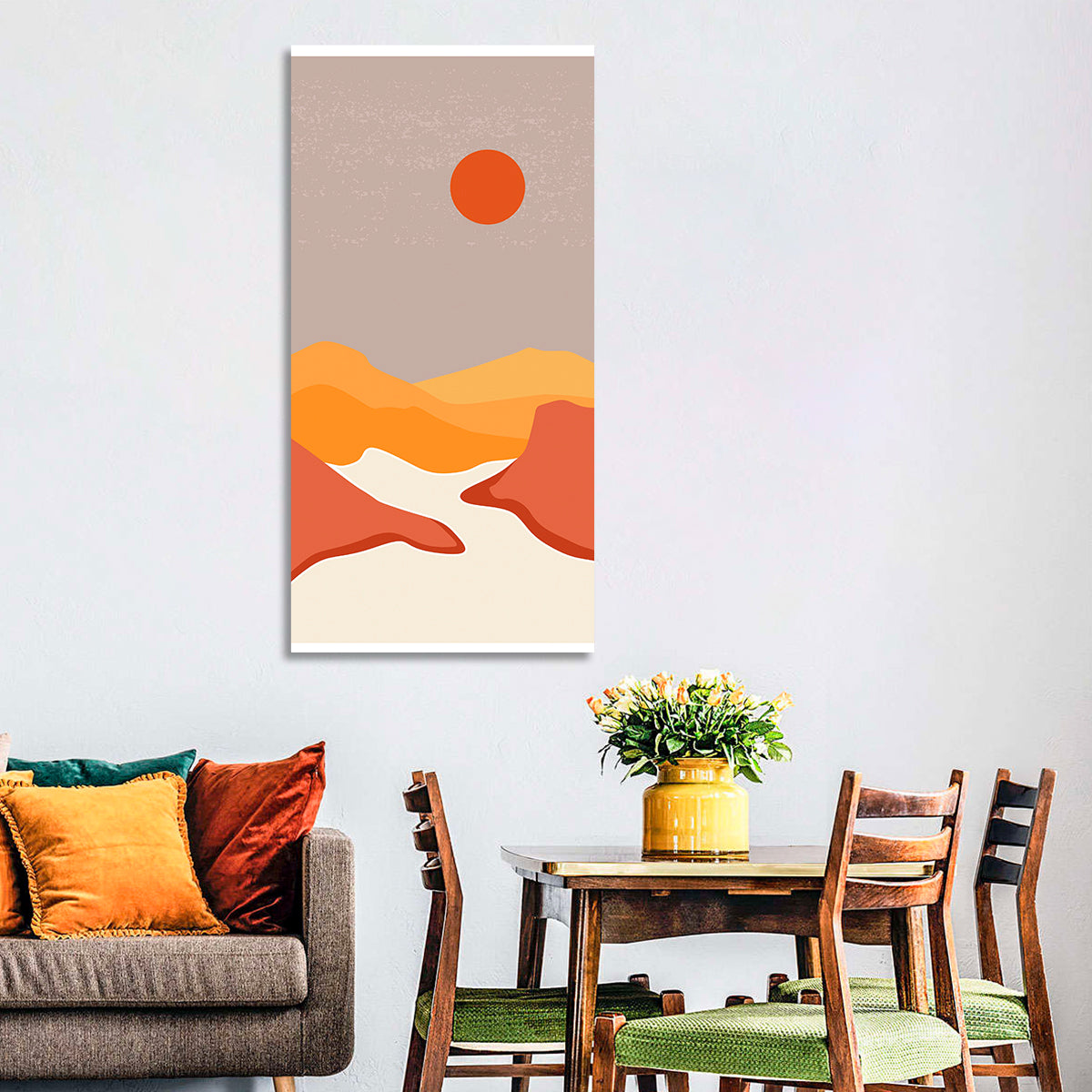 Desert Sunset Mountain Landscape Wall Art in a room, portrait