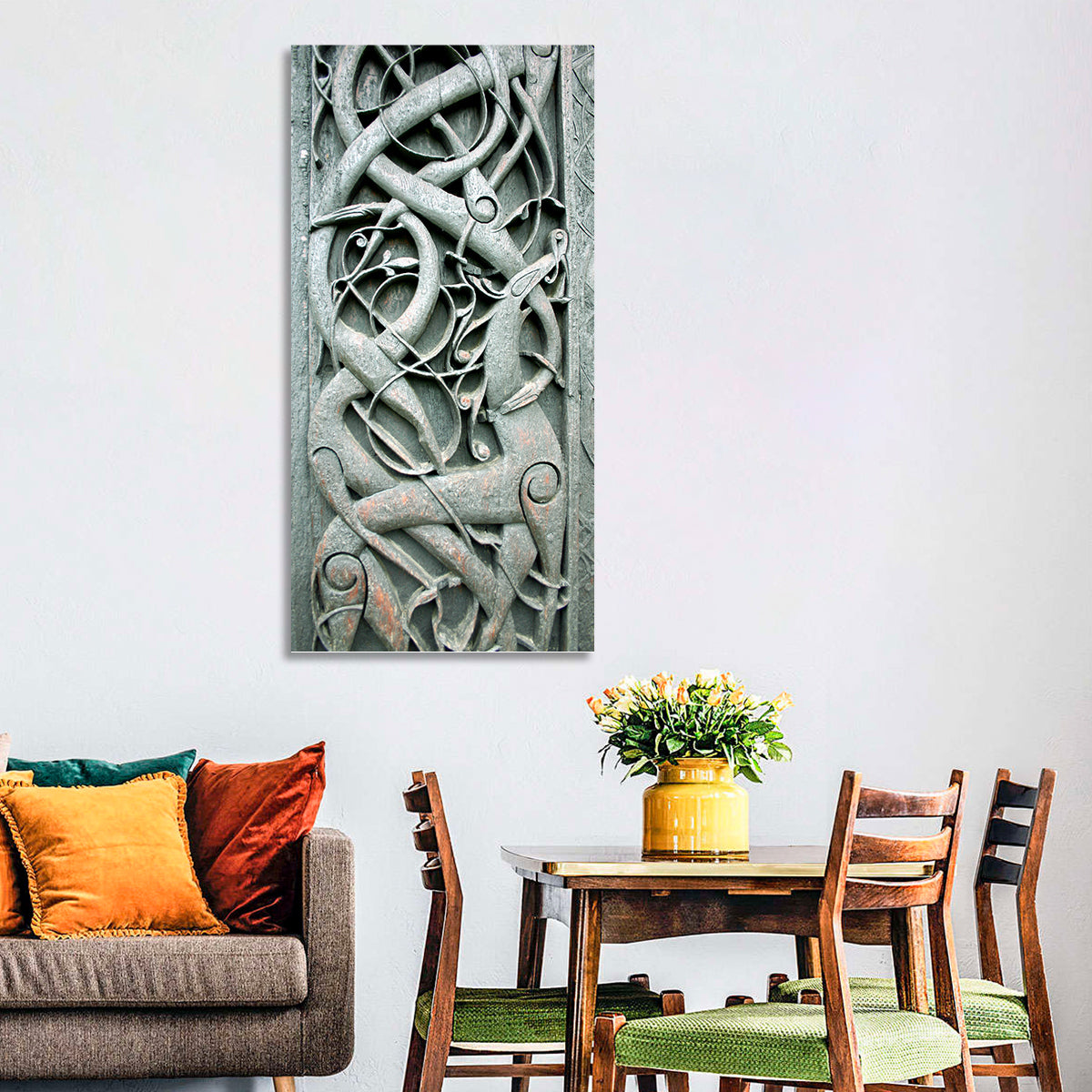 Norwegian Urnes Wood Carving Wall Art in a room, portrait