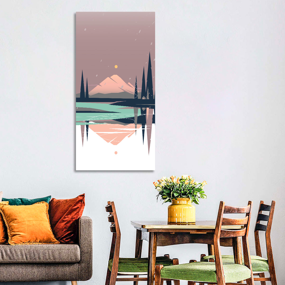 Dusk Mountain Lake Reflection Wall Art in a room, portrait
