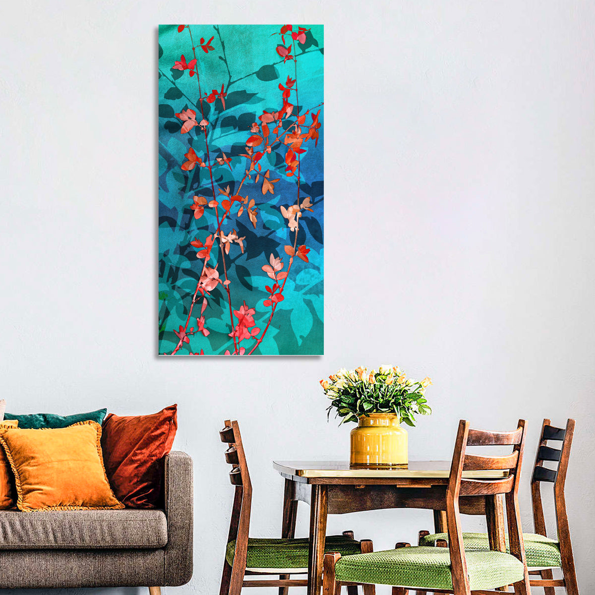 Red Leaf Branches Wall Art in a room, portrait