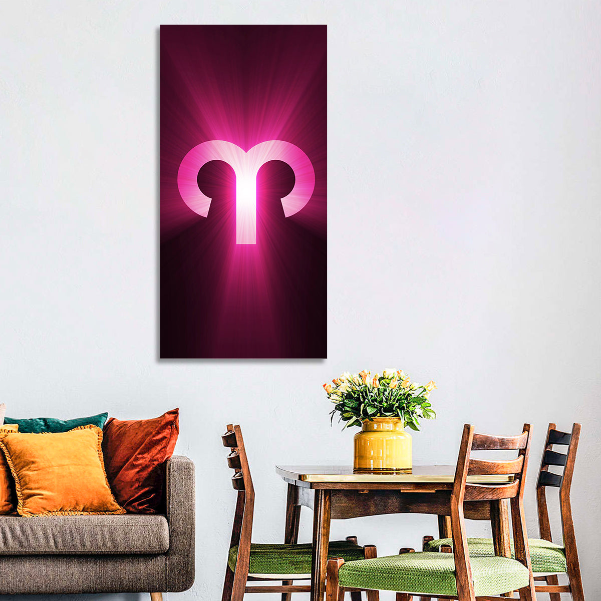 Radiant Aries Zodiac Emblem Wall Art in a room, portrait