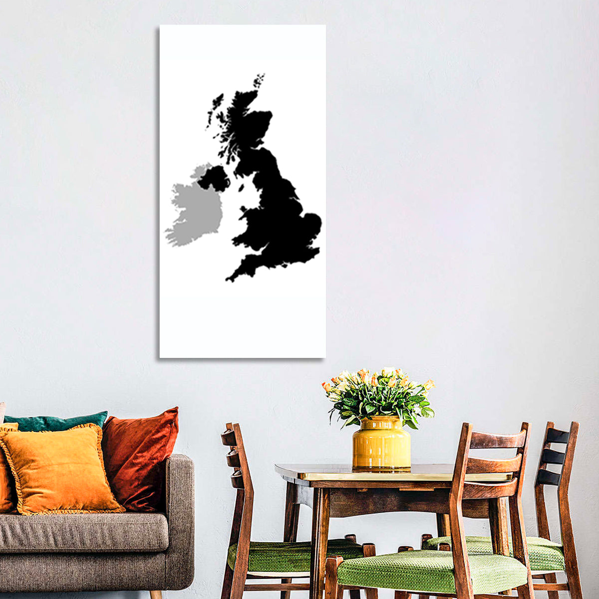 United Kingdom Silhouette Map Wall Art in a room, portrait
