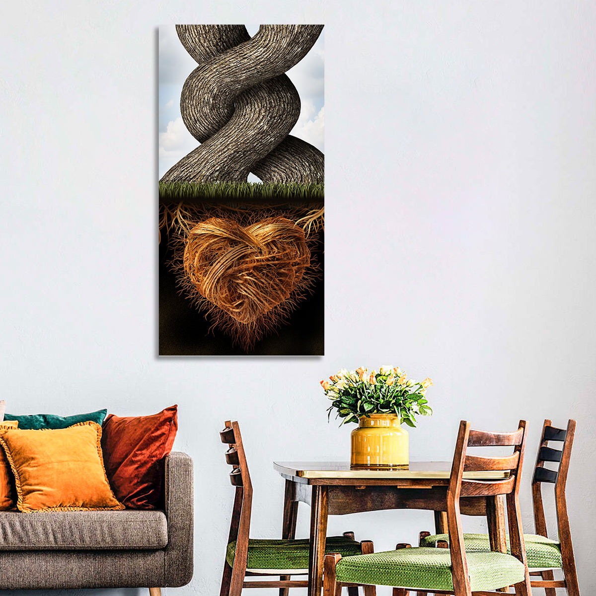 Intertwined Trees with Heart-shaped Roots Wall Art in a room, portrait