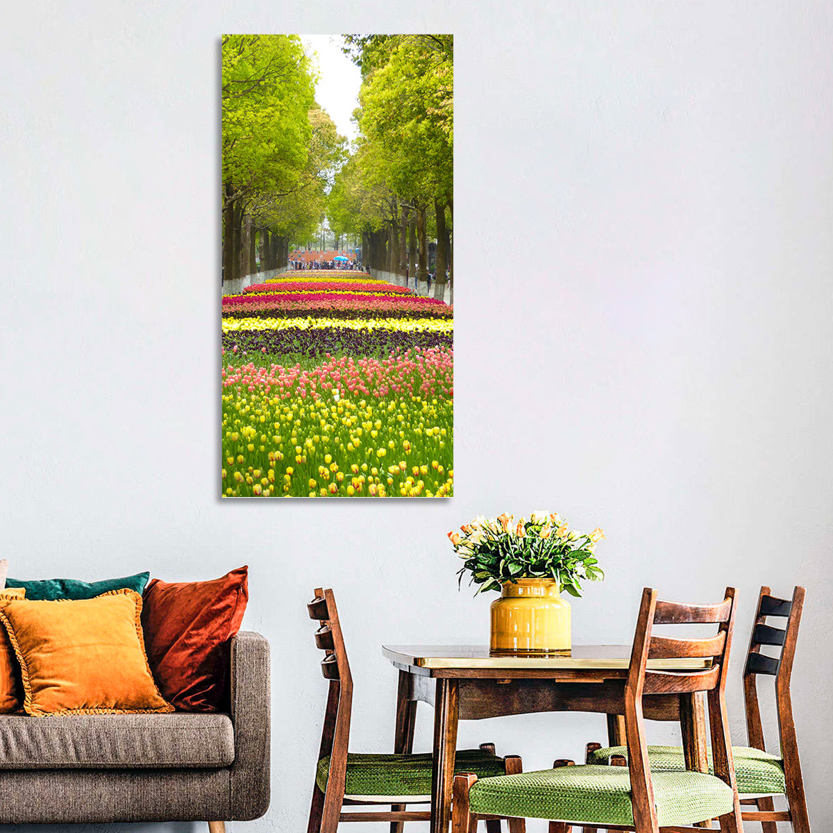 Tree-lined Tulip Garden Path Wall Art in a room, portrait