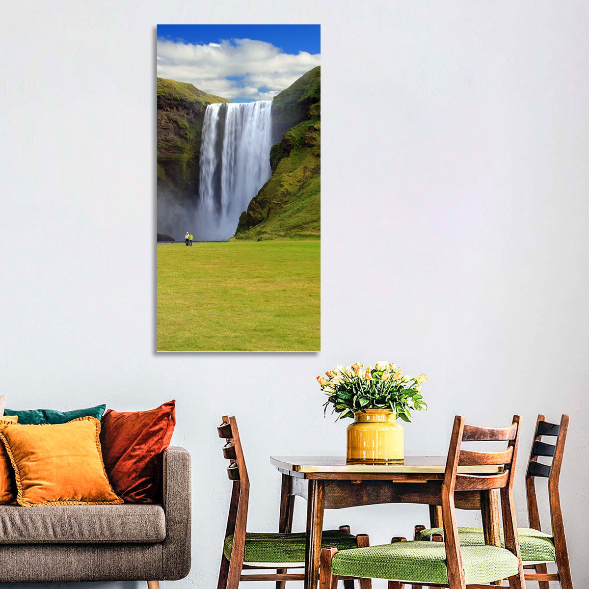 Skógafoss Waterfall Wall Art in a room, portrait