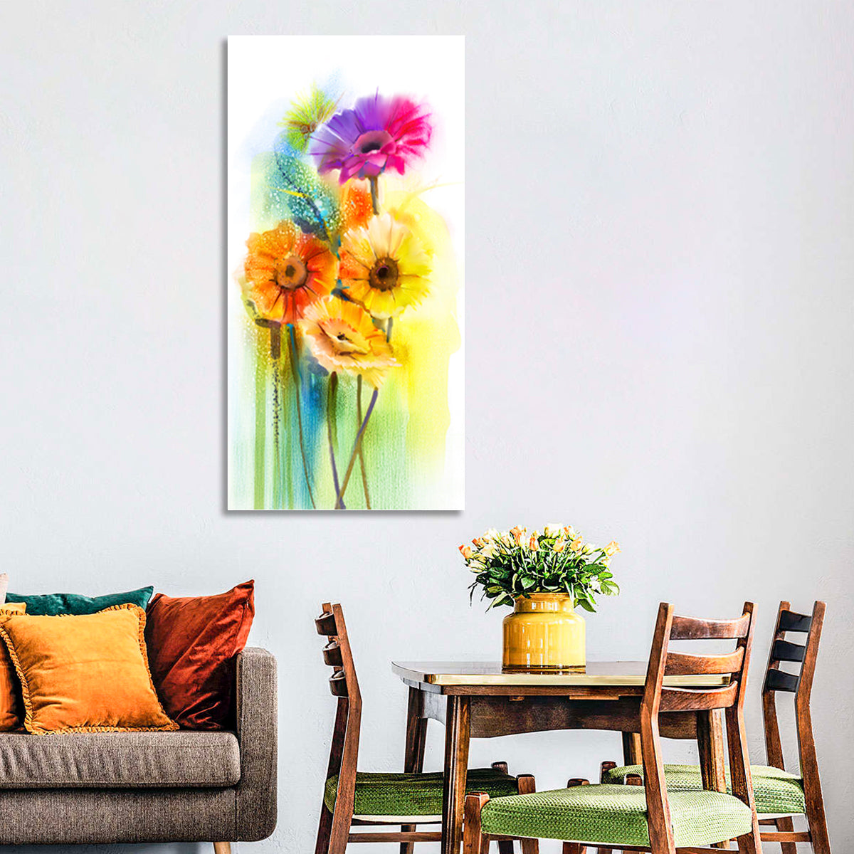 Gerbera Daisy Watercolor Bouquet Wall Art in a room, portrait