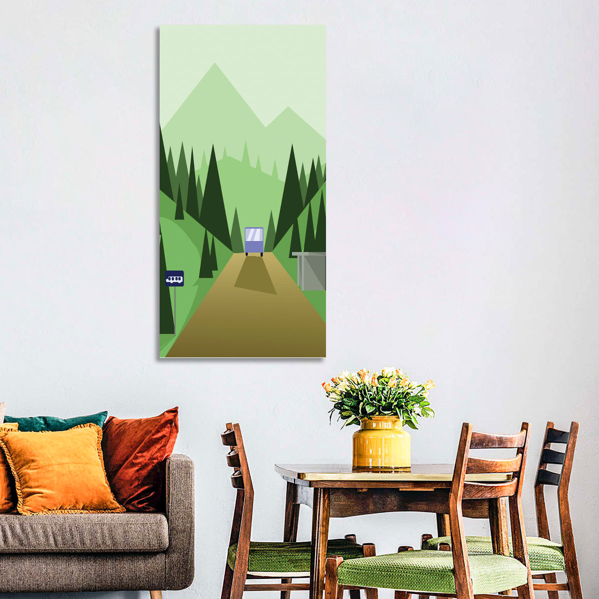Mountain Road Bus Stop Illustration Wall Art in a room, portrait