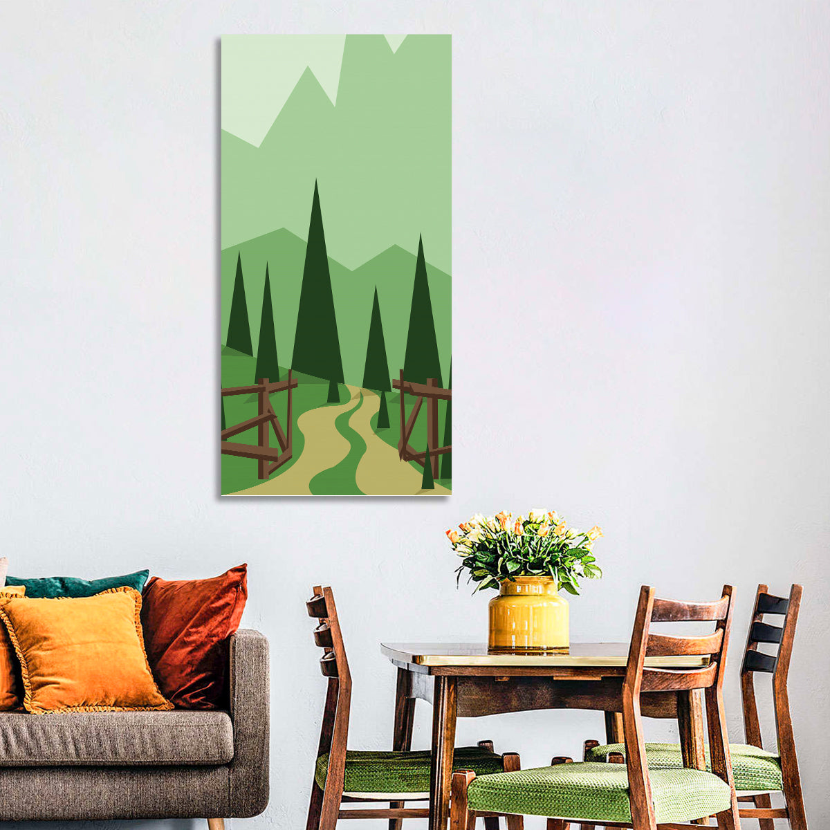 Winding Forest Path Wall Art in a room, portrait