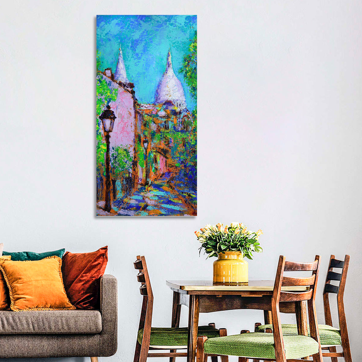 Montmartre Street with Sacre Coeur Dome Wall Art in a room, portrait