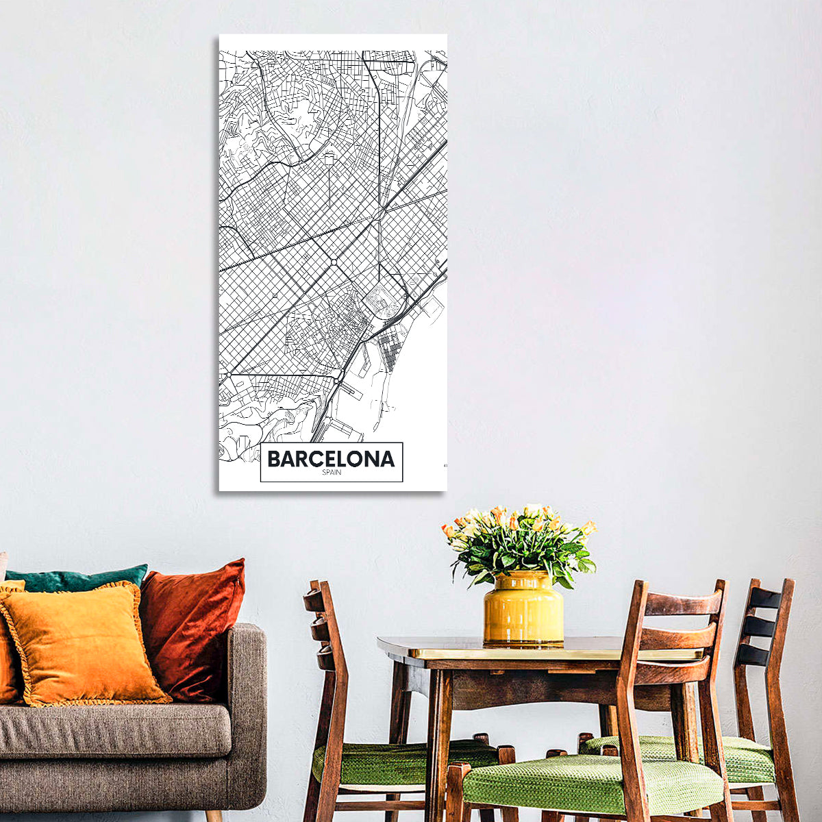 Barcelona Urban Grid Map Wall Art in a room, portrait