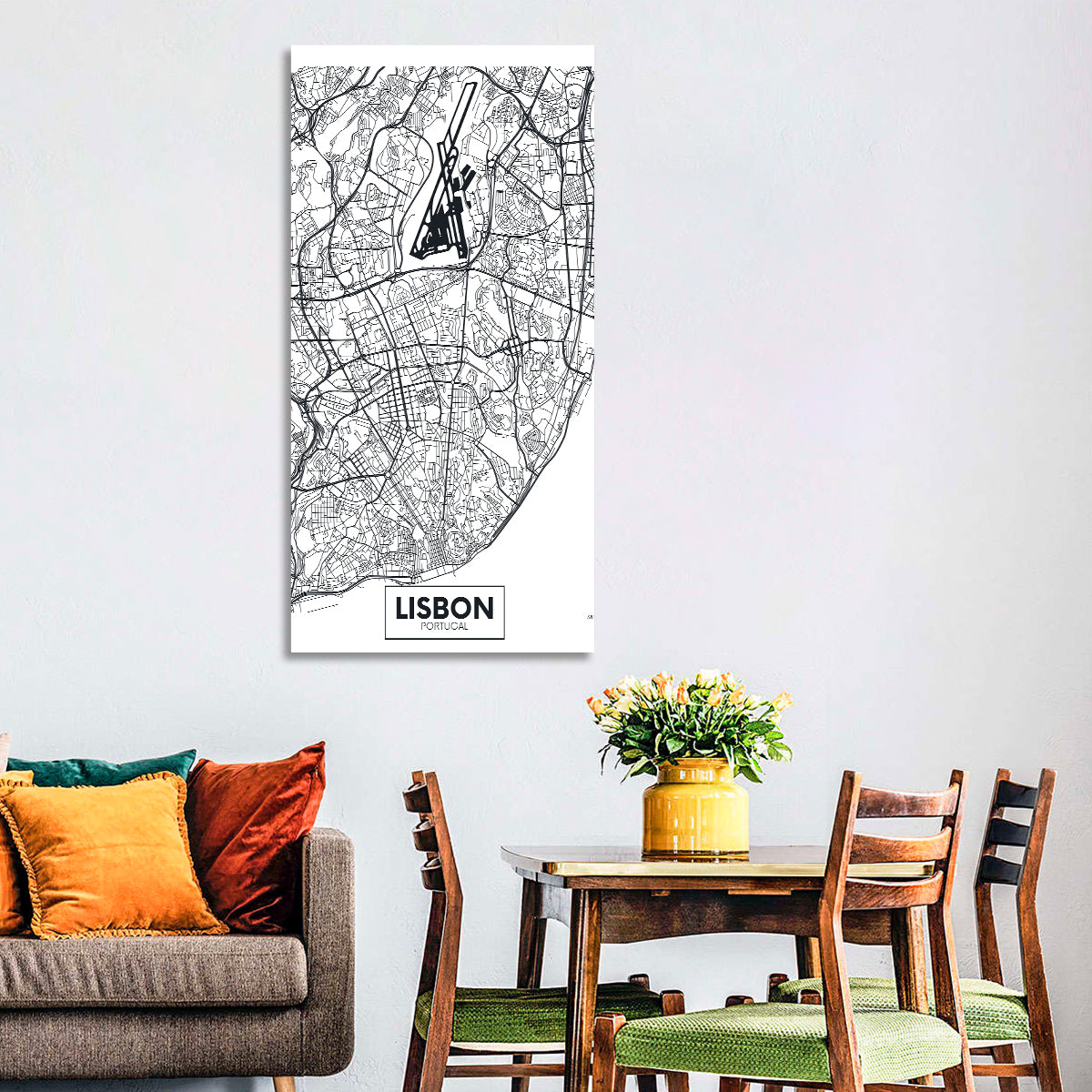Lisbon Schematic Map Wall Art in a room, portrait