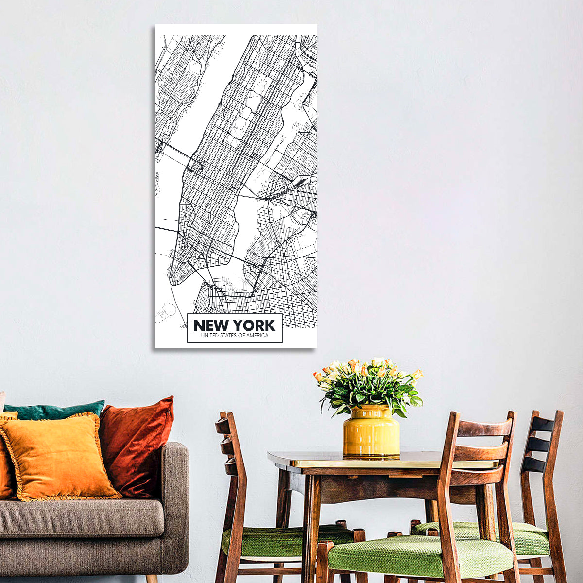 Manhattan Map, Black and White Wall Art in a room, portrait