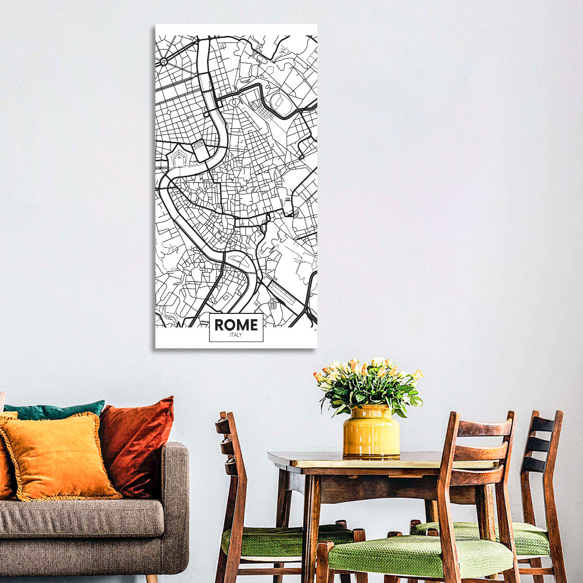 Minimalist Rome City Map Wall Art in a room, portrait