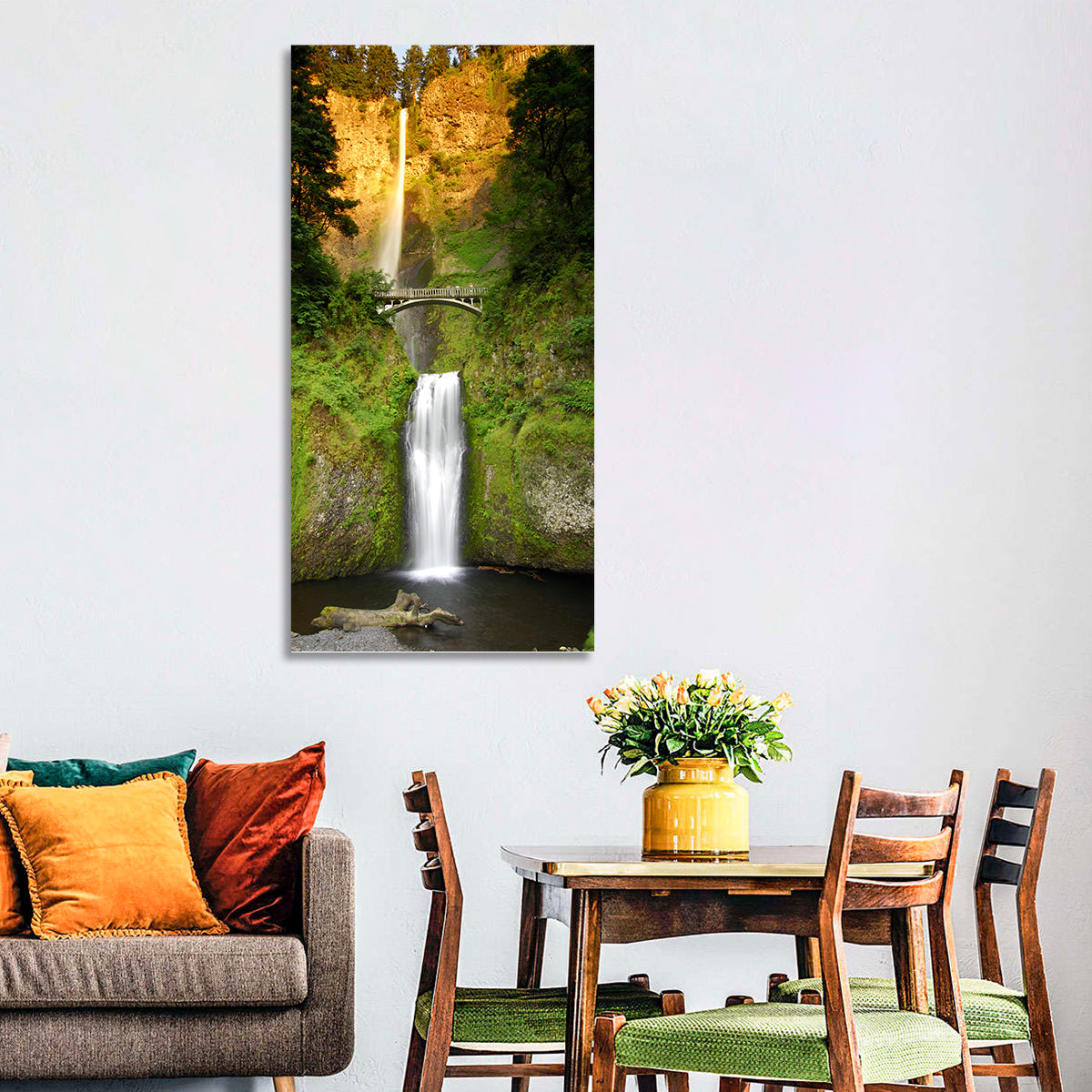 Multnomah Falls at Golden Hour Wall Art in a room, portrait