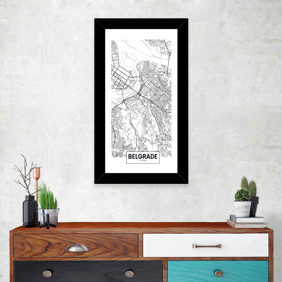 Minimalist Belgrade Map Wall Art in a room, portrait