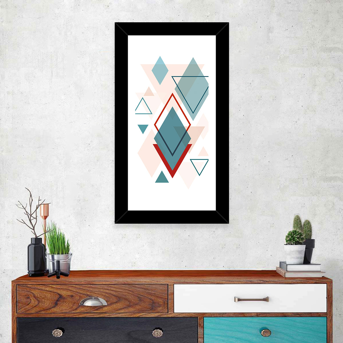 Scandinavian Teal Geometric Abstract Wall Art in a room, portrait
