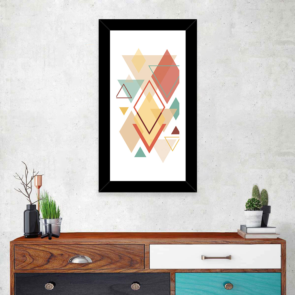 Layered Scandinavian Geometric Abstract Wall Art in a room, portrait